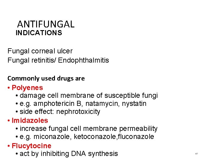 ANTIFUNGAL INDICATIONS Fungal corneal ulcer Fungal retinitis/ Endophthalmitis Commonly used drugs are • Polyenes