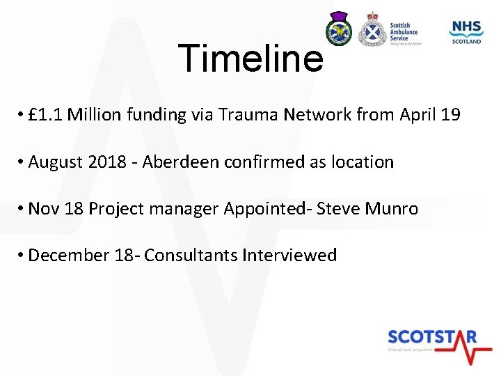 Timeline • £ 1. 1 Million funding via Trauma Network from April 19 •