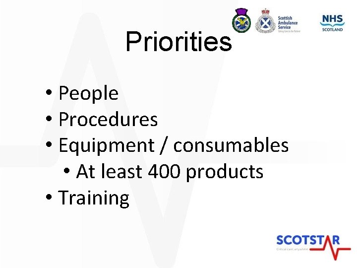 Priorities • People • Procedures • Equipment / consumables • At least 400 products