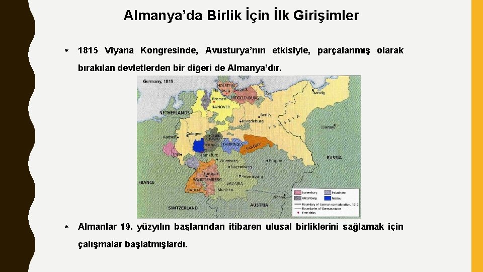 Almanya’da Birlik İçin İlk Girişimler 1815 Viyana Kongresinde, Avusturya’nın etkisiyle, parçalanmış olarak bırakılan devletlerden