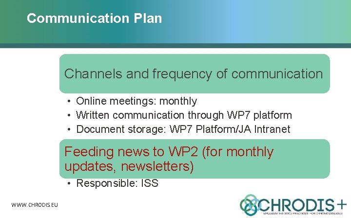 Communication Plan Channels and frequency of communication • Online meetings: monthly • Written communication