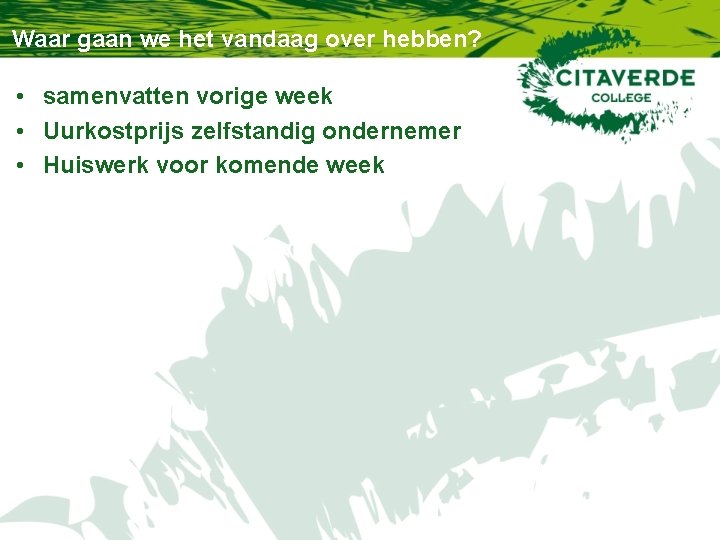 Waar gaan we het vandaag over hebben? • samenvatten vorige week • Uurkostprijs zelfstandig