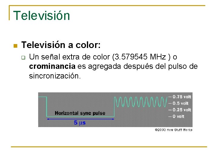 Televisión n Televisión a color: q Un señal extra de color (3. 579545 MHz