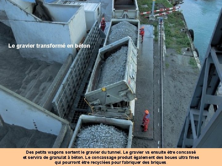 Le gravier transformé en béton Des petits wagons sortent le gravier du tunnel. Le