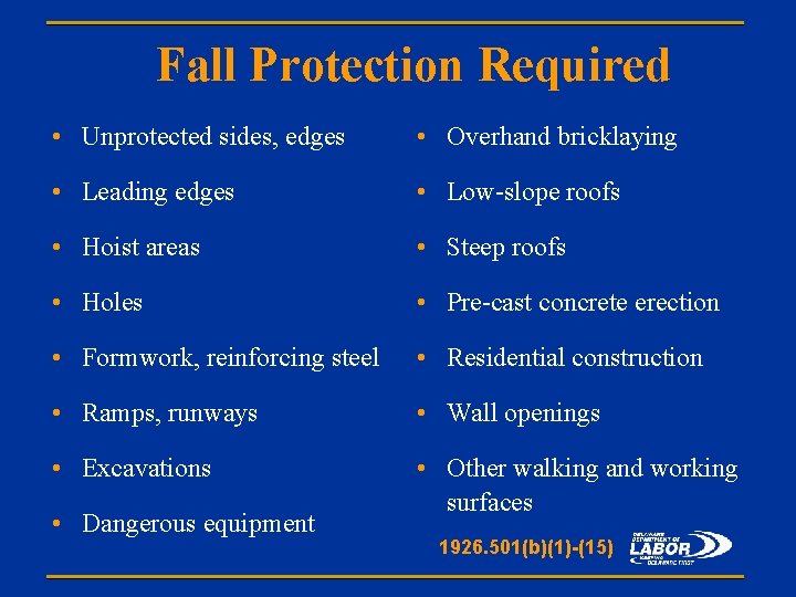 Fall Protection Required • Unprotected sides, edges • Overhand bricklaying • Leading edges •