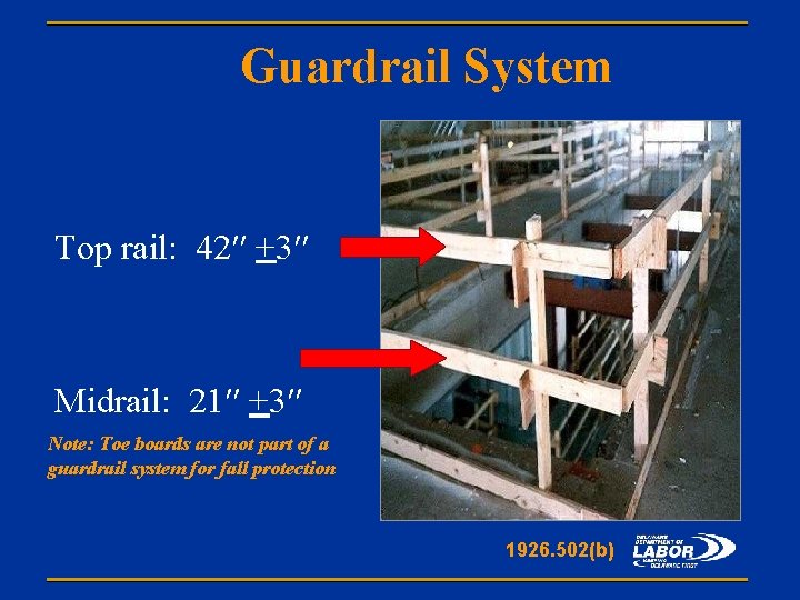 Guardrail System Top rail: 42′′ +3′′ Midrail: 21′′ +3′′ Note: Toe boards are not