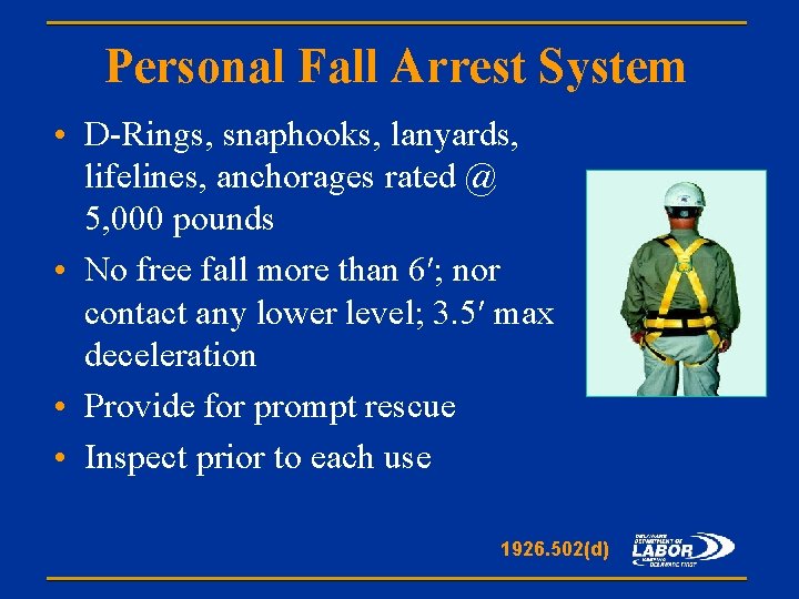 Personal Fall Arrest System • D-Rings, snaphooks, lanyards, lifelines, anchorages rated @ 5, 000