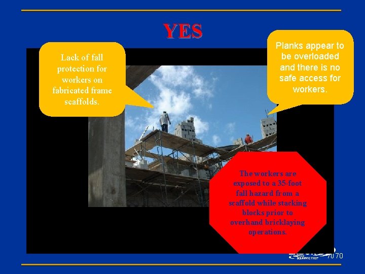 YES Lack of fall protection for workers on fabricated frame scaffolds. Planks appear to