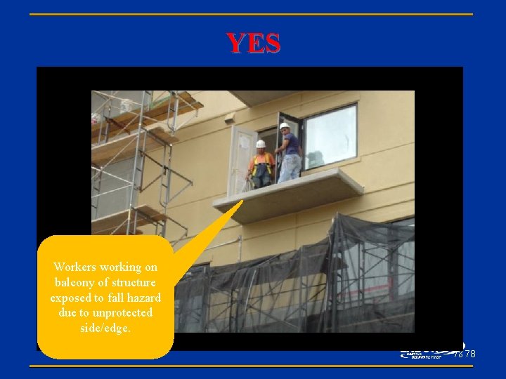 YES Workers working on balcony of structure exposed to fall hazard due to unprotected
