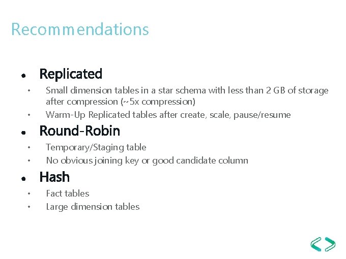 Recommendations • Small dimension tables in a star schema with less than 2 GB Recommendations • Small dimension tables in a star schema with less than 2 GB