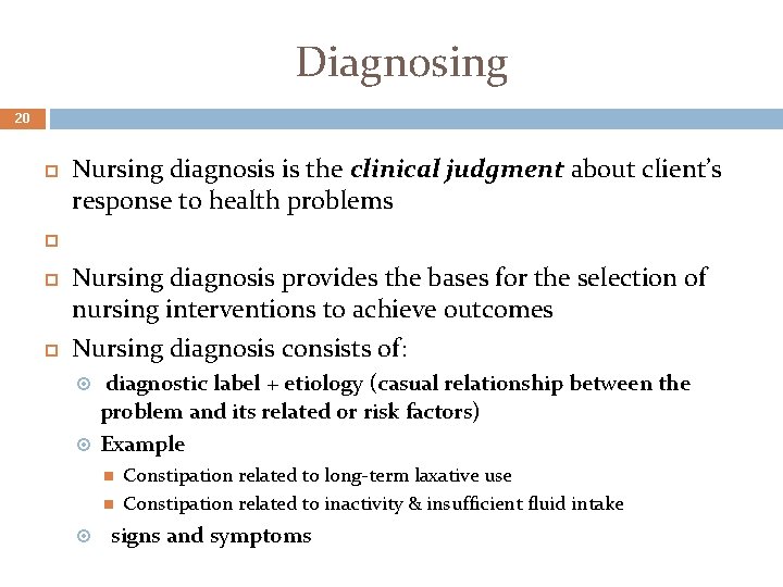 Diagnosing 20 Nursing diagnosis is the clinical judgment about client’s response to health problems