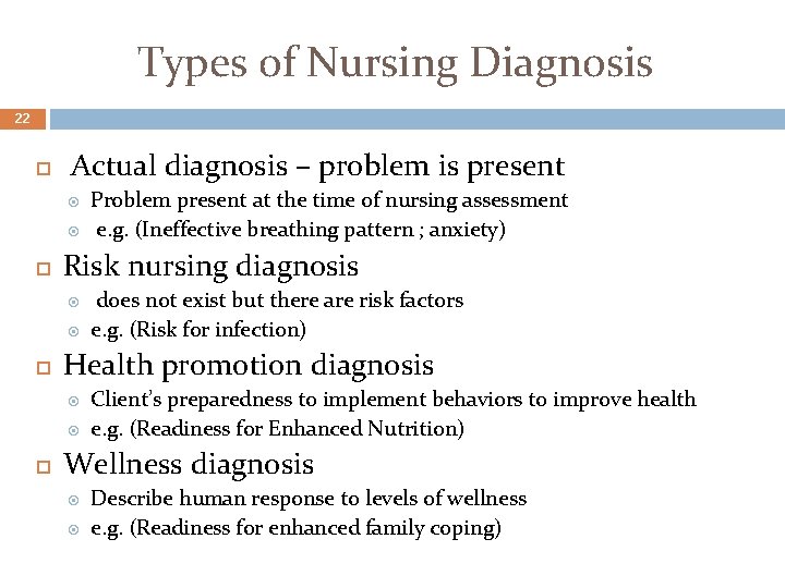 Types of Nursing Diagnosis 22 Actual diagnosis – problem is present Risk nursing diagnosis