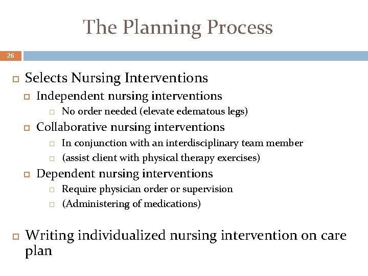 The Planning Process 26 Selects Nursing Interventions Independent nursing interventions Collaborative nursing interventions In