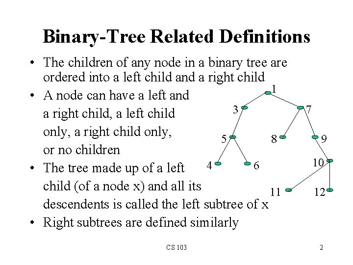 Binary-Tree Related Definitions • The children of any node in a binary tree are