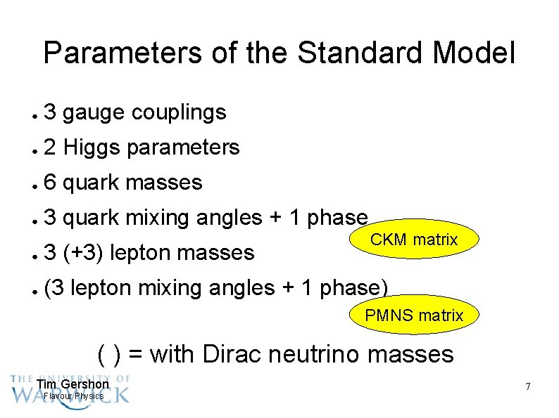 Parameters of the Standard Model ● 3 gauge couplings ● 2 Higgs parameters ●