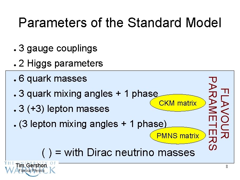 Parameters of the Standard Model 3 gauge couplings ● 2 Higgs parameters ● 6