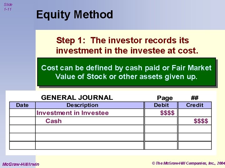 Slide 1 -11 Equity Method Step 1: The investor records its investment in the