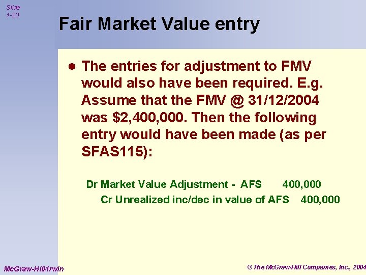 Slide 1 -23 Fair Market Value entry l The entries for adjustment to FMV