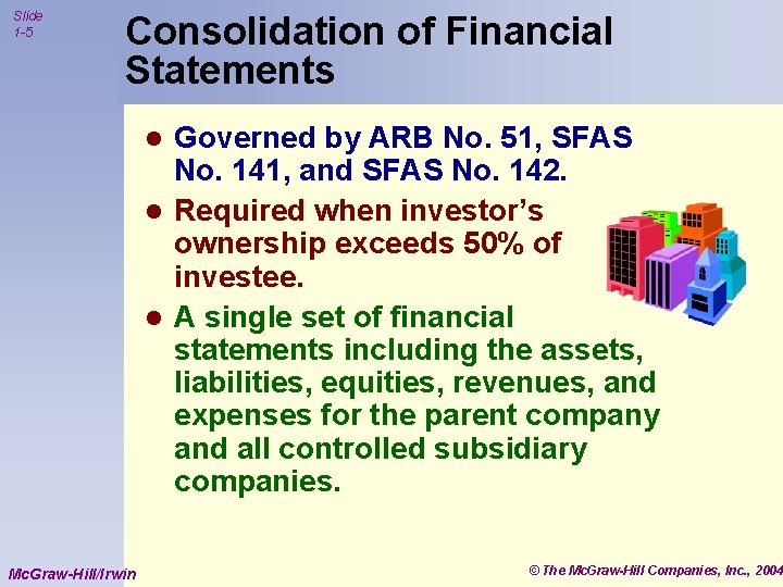 Slide 1 -5 Consolidation of Financial Statements Governed by ARB No. 51, SFAS No.