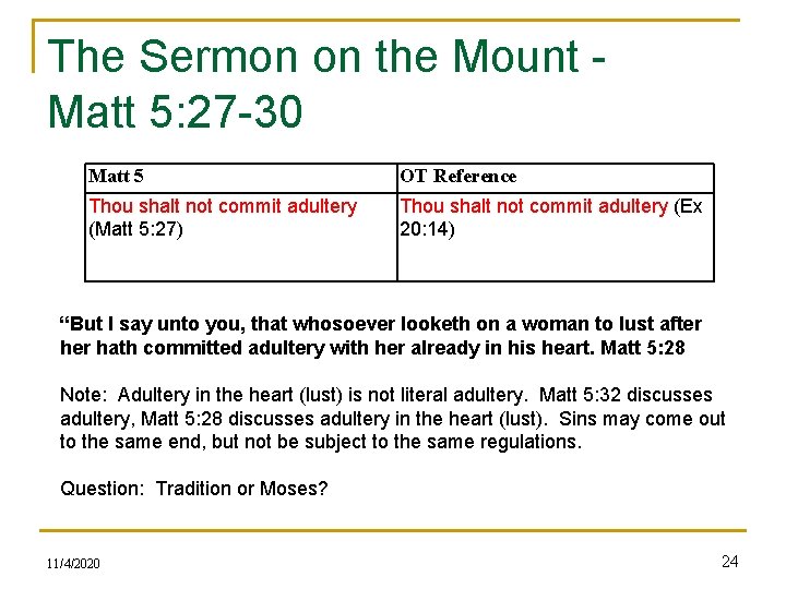 The Sermon on the Mount - Matt 5: 27 -30 Matt 5 OT Reference