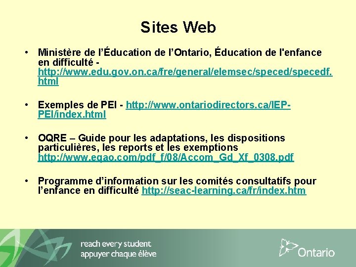 Sites Web • Ministère de l’Éducation de l’Ontario, Éducation de l'enfance en difficulté -