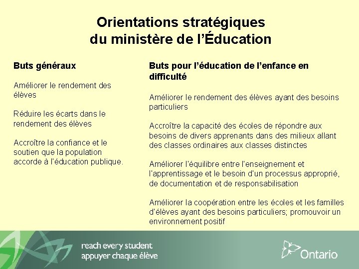 Orientations stratégiques du ministère de l’Éducation Buts généraux Améliorer le rendement des élèves Réduire