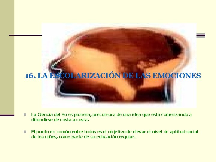 16. LA ESCOLARIZACIÓN DE LAS EMOCIONES n La Ciencia del Yo es pionera, precursora