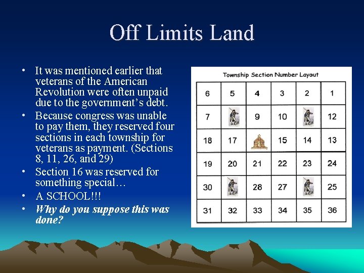Off Limits Land • It was mentioned earlier that veterans of the American Revolution