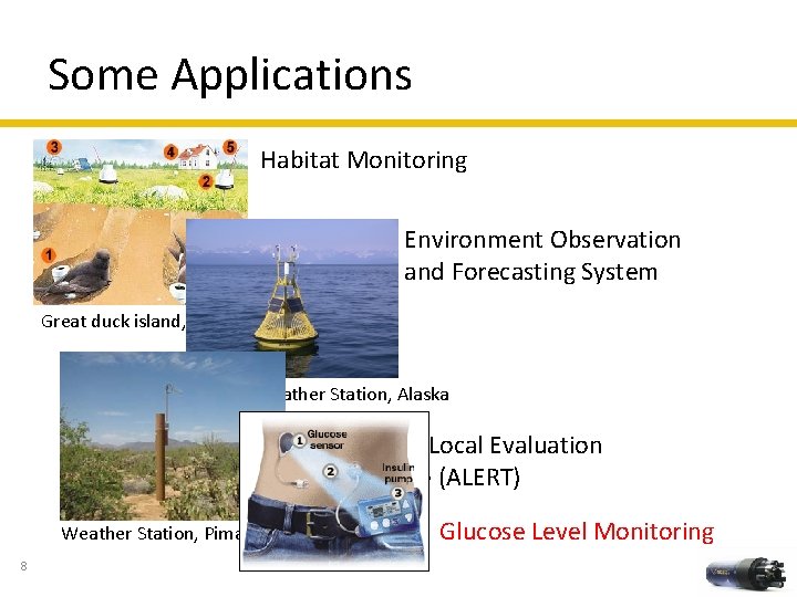 Some Applications Habitat Monitoring Environment Observation and Forecasting System Great duck island, Maine Floating