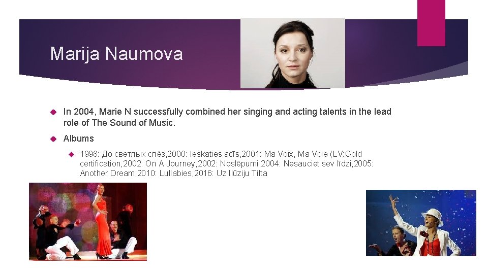 Marija Naumova In 2004, Marie N successfully combined her singing and acting talents in