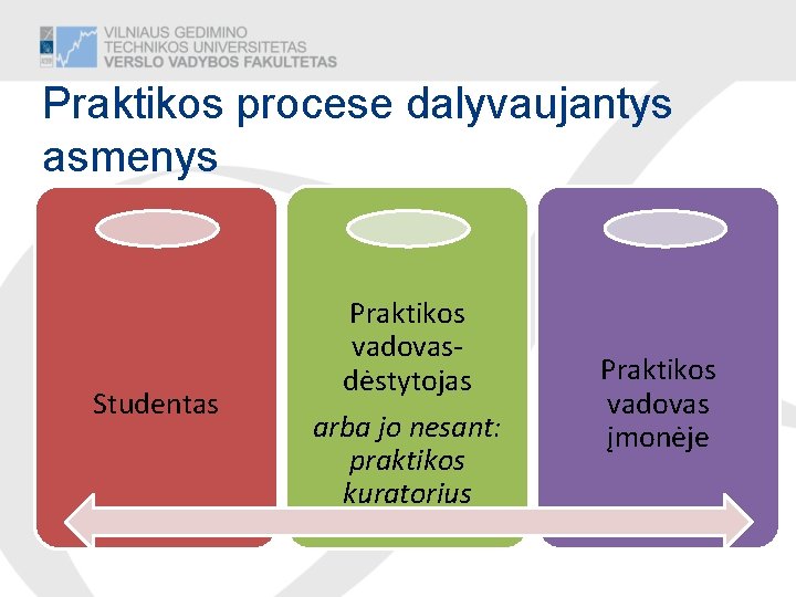 Praktikos procese dalyvaujantys asmenys Studentas Praktikos vadovasdėstytojas arba jo nesant: praktikos kuratorius Praktikos vadovas