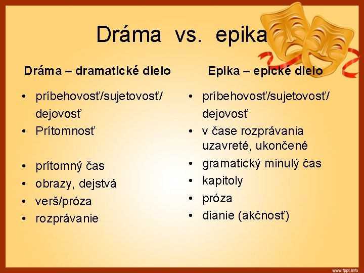 Dráma vs. epika Dráma – dramatické dielo • príbehovosť/sujetovosť/ dejovosť • Prítomnosť • •
