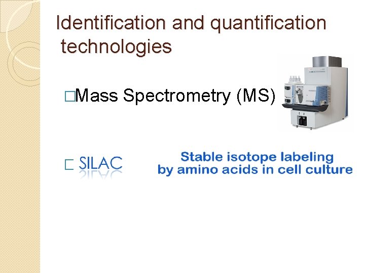 Identification and quantification technologies �Mass Spectrometry (MS) �SILAC 