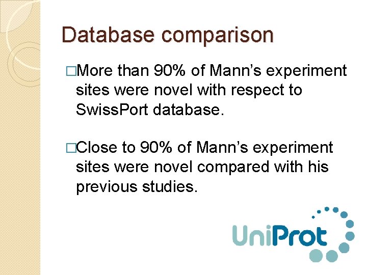 Database comparison �More than 90% of Mann’s experiment sites were novel with respect to