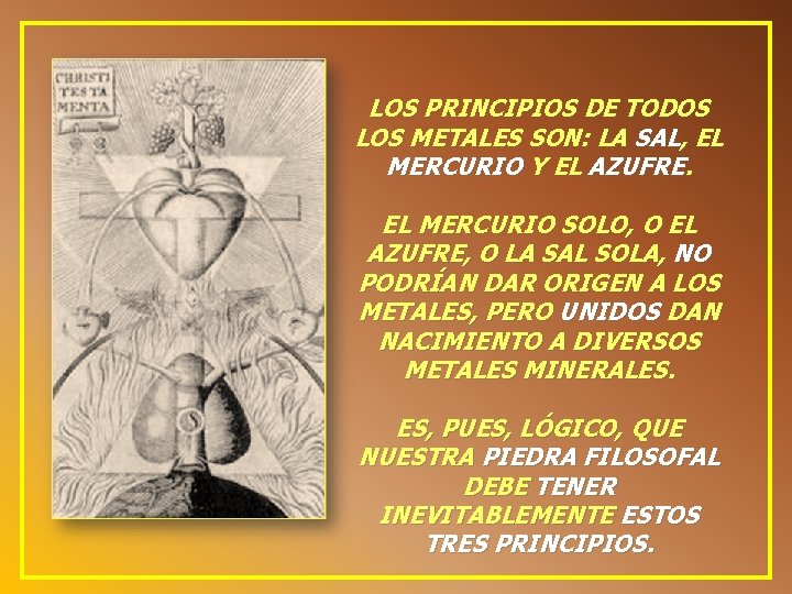 LOS PRINCIPIOS DE TODOS LOS METALES SON: LA SAL, EL MERCURIO Y EL AZUFRE.