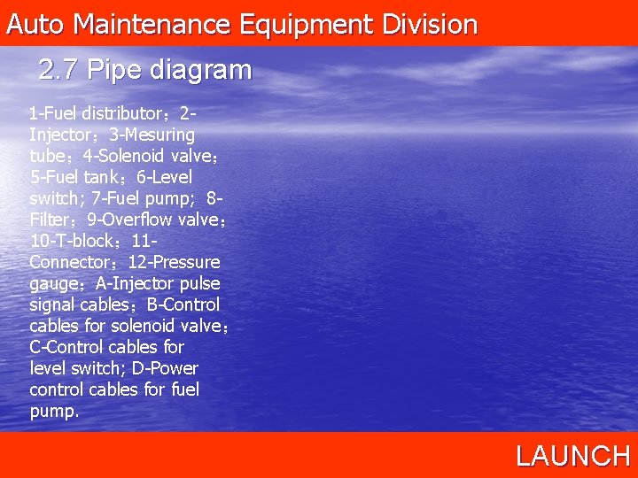 Auto Maintenance Equipment Division 2. 7 Pipe diagram 1 -Fuel distributor； 2 Injector； 3