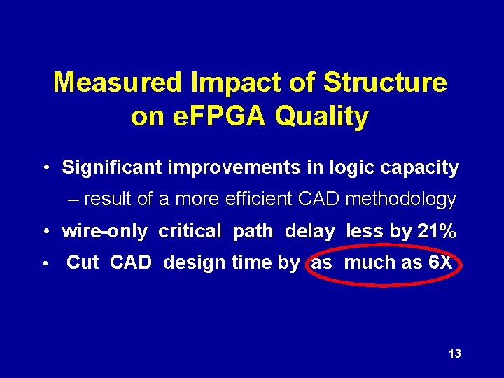 Measured Impact of Structure on e. FPGA Quality • Significant improvements in logic capacity