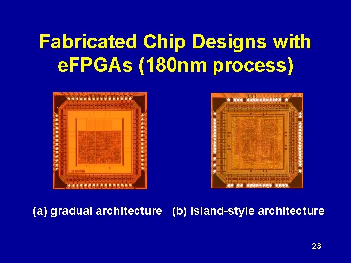 Fabricated Chip Designs with e. FPGAs (180 nm process) (a) gradual architecture (b) island-style