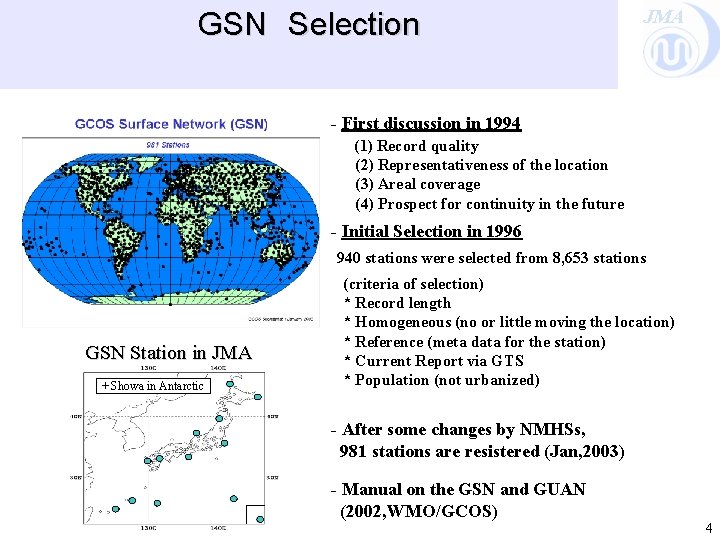 GSN　Selection JMA - First discussion in 1994 (1) Record quality (2) Representativeness of the