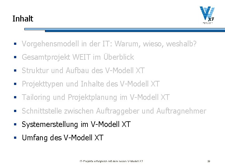 Inhalt § Vorgehensmodell in der IT: Warum, wieso, weshalb? § Gesamtprojekt WEIT im Überblick