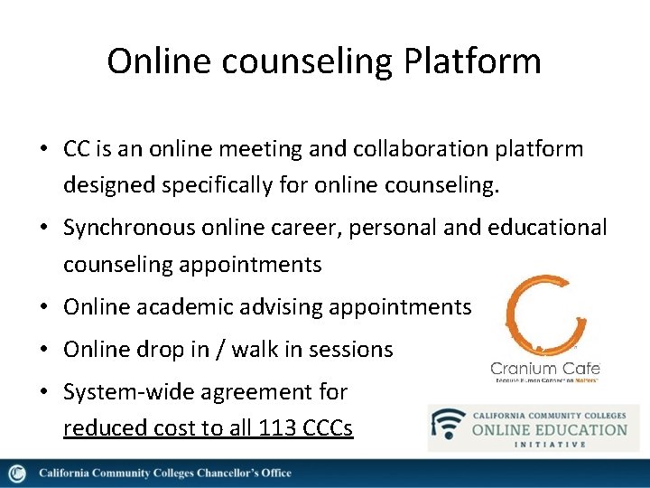 Online counseling Platform • CC is an online meeting and collaboration platform designed specifically