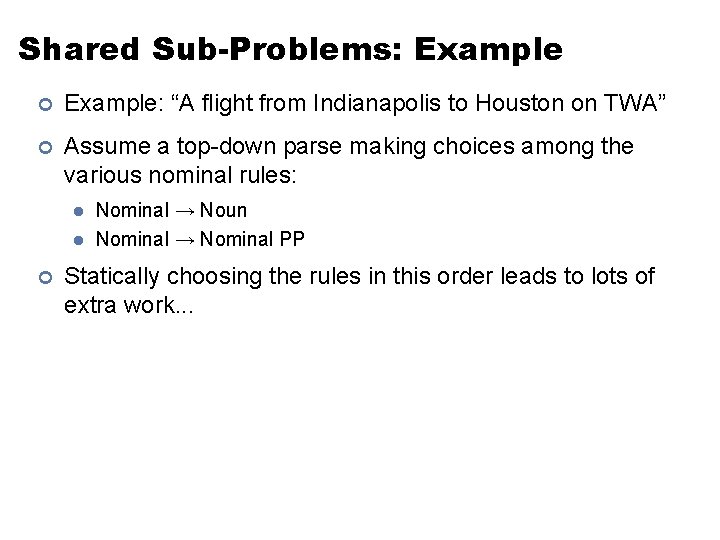 Shared Sub-Problems: Example ¢ Example: “A flight from Indianapolis to Houston on TWA” ¢