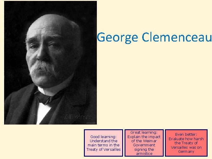 George Clemenceau Good learning: Understand the main terms in the Treaty of Versailles Great