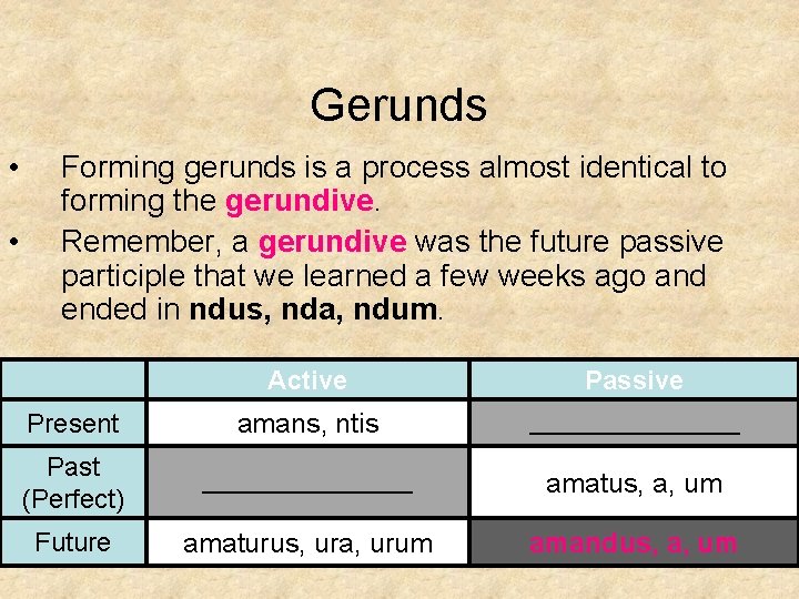 Gerunds • • Forming gerunds is a process almost identical to forming the gerundive.