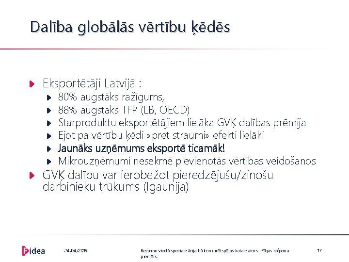 Dalība globālās vērtību ķēdēs Eksportētāji Latvijā : 80% augstāks ražīgums, 88% augstāks TFP (LB,
