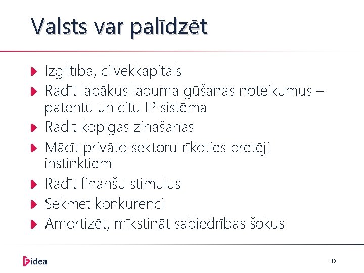 Valsts var palīdzēt Izglītība, cilvēkkapitāls Radīt labākus labuma gūšanas noteikumus – patentu un citu