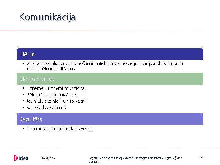 Komunikācija Mērķis • Viedās specializācijas īstenošanai būtisks priekšnosacījums ir panākt visu pušu koordinētu iesaistīšanos