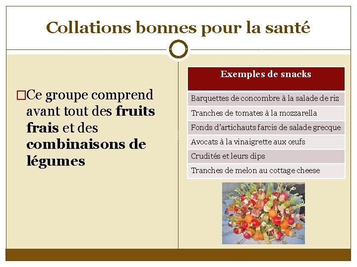 Collations bonnes pour la santé Exemples de snacks �Ce groupe comprend avant tout des