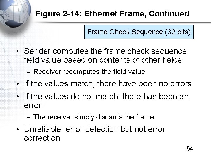 Figure 2 -14: Ethernet Frame, Continued Frame Check Sequence (32 bits) • Sender computes