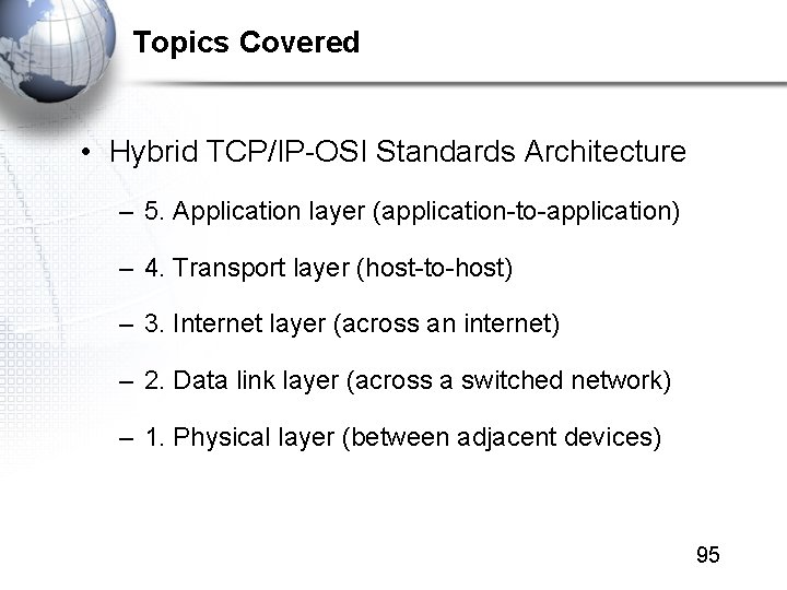 Topics Covered • Hybrid TCP/IP-OSI Standards Architecture – 5. Application layer (application-to-application) – 4.